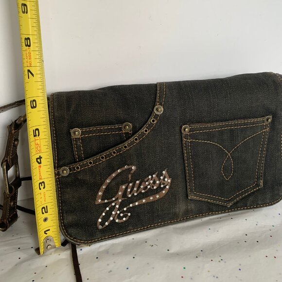 Vintage Y2K Guess Denim Shoulder Bag Spell Out Logo Rhinestones FLAW READ Brass - Picture 14 of 14
